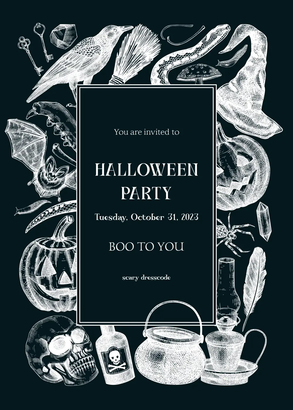 Halloween party invitation design template. Halloween pumpkins, sculls, poisonous mushrooms, bat, raven, snake sketches. Chalkboard background. Hand drawn vector illustration. Banner, card, wreath Illustration